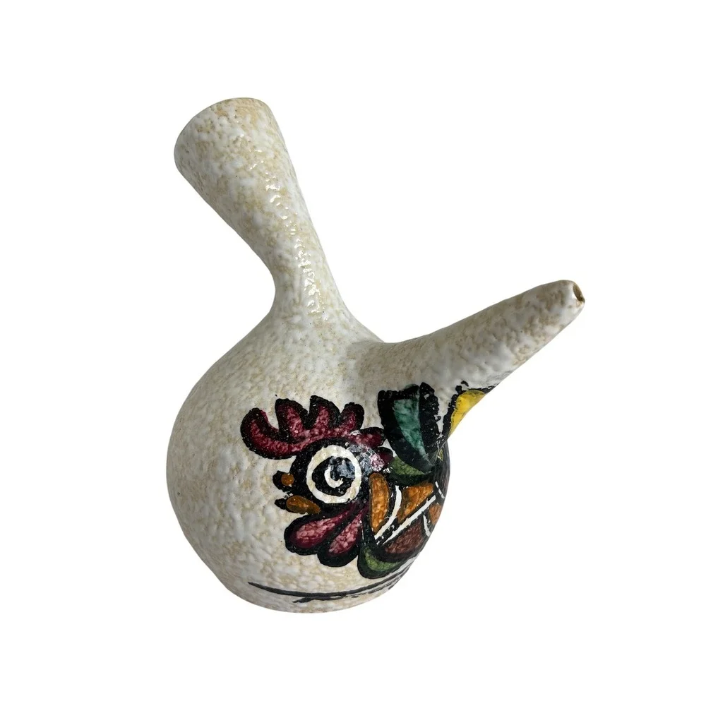 Mid‎ Century Modern Italian Pottery Vase Rooster Motif Textured Glaze Handmade